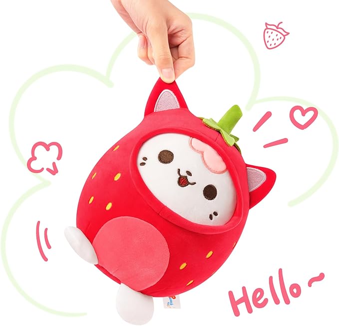 PEACH CAT Strawberry Cat Plush Pillow Cute Strawberry Kitten Stuffed Animal Cat plushie with Strawberry Outerwear for Kids Red 12"