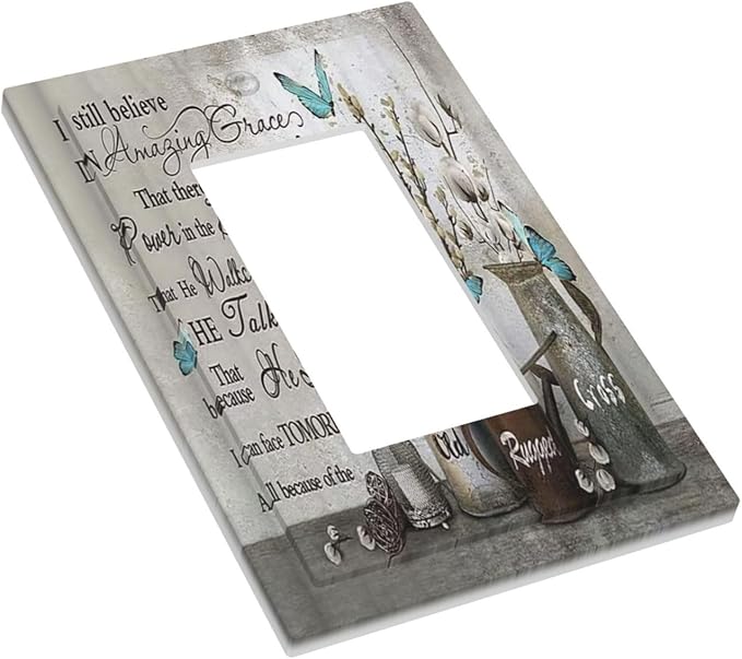 Blue Butterfly Rustic Flower Inspirational Quotes 1 Gang Rocker Light Switch Covers Single Decora Outlet Wall Plate Decorative Switchplate Faceplate GFCI for Farmhouse Country Bedroom Kitchen Decor