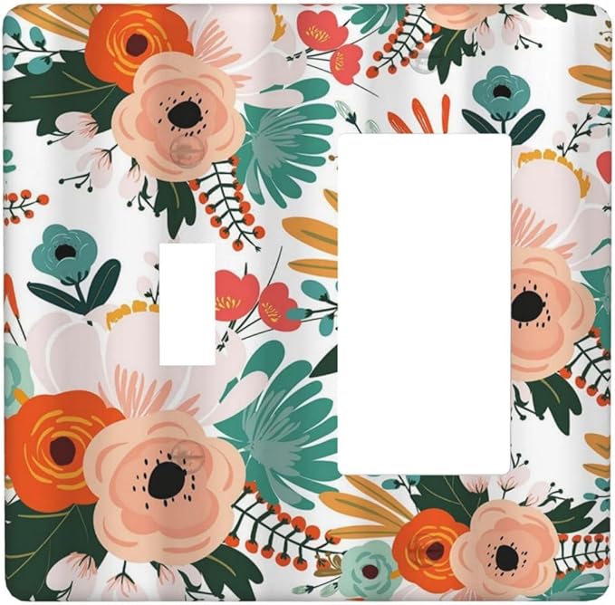 Rustic Floral Boho Colorful Flower 2 Gang Single Toggle Rocker Combination Light Switch Covers Wall Plate Cover Electrical Faceplate Decorative Switchplate for Farmhouse Bathroom Bedroom Decor