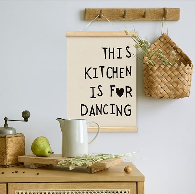 BIWSHA Cute Kitchen Canvas Poster Framed Hanger 12x16 Inch, Funny Black Kitchen Quotes Decor This Kitchen Is For Dancing Poster Framed with Wood Hanger,Kitchen Dining Room Decor