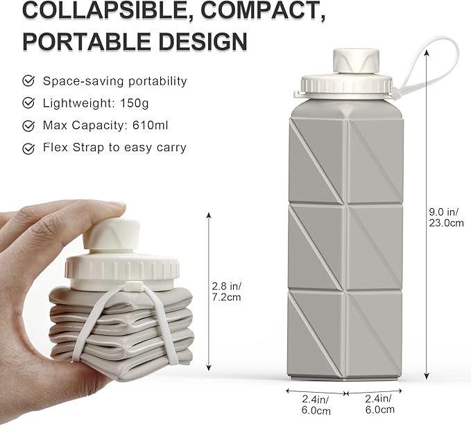 Collapsible Water Bottles, Silicone Foldable Portable Water Bottle 610ml, Lightweight Reusable Leakproof for Travel Camping Hiking Cycling Yoga Sports Outdoor