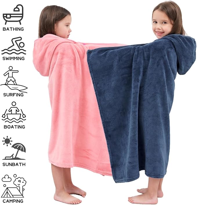 Hiturbo 2Pcs Kids Fleece Hooded Towel: Soft Plush Warm Blanket - 50"x30" Pool Beach Bath Swim Towel Wrap for 3-12 Yrs (Navy+Pink)