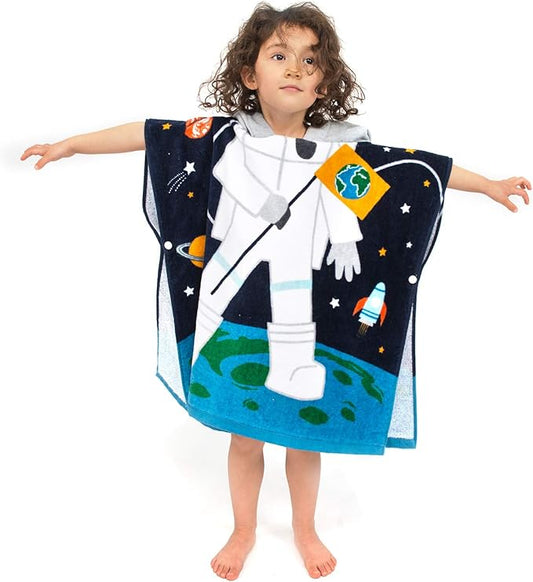 Toddler Hooded Beach Towel Coverup Cape Kids 100% Cotton Soft Quick Dry Absorbent Use for Swim Pool Bath Poncho Towels for 3 to 8 Years Old Children Size 24"x 55" in Full-Length (Astronaut Pattern)