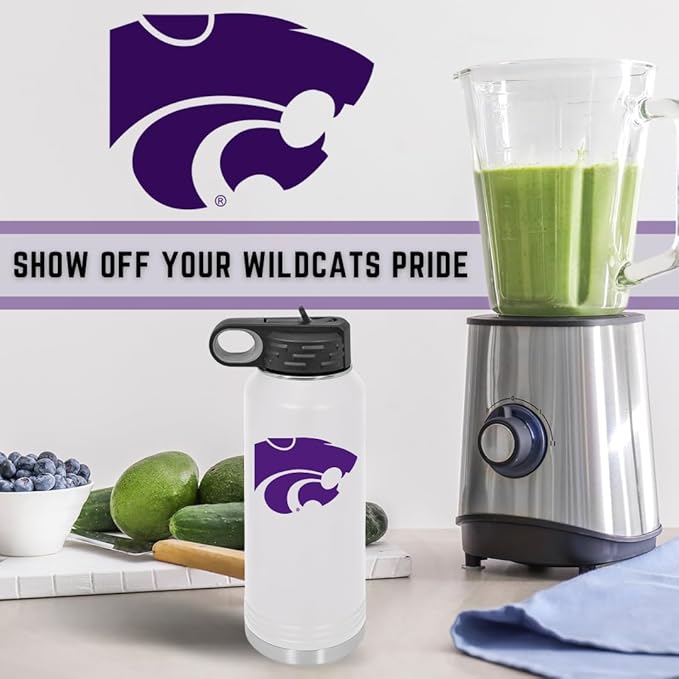 Kansas State University 32oz Stainless Steel Double Walled White Beverage Bottle with Flip Straw Spout - College Gear for Playoff Season – For Office, Home or Auto – Show your Wildcat Pride