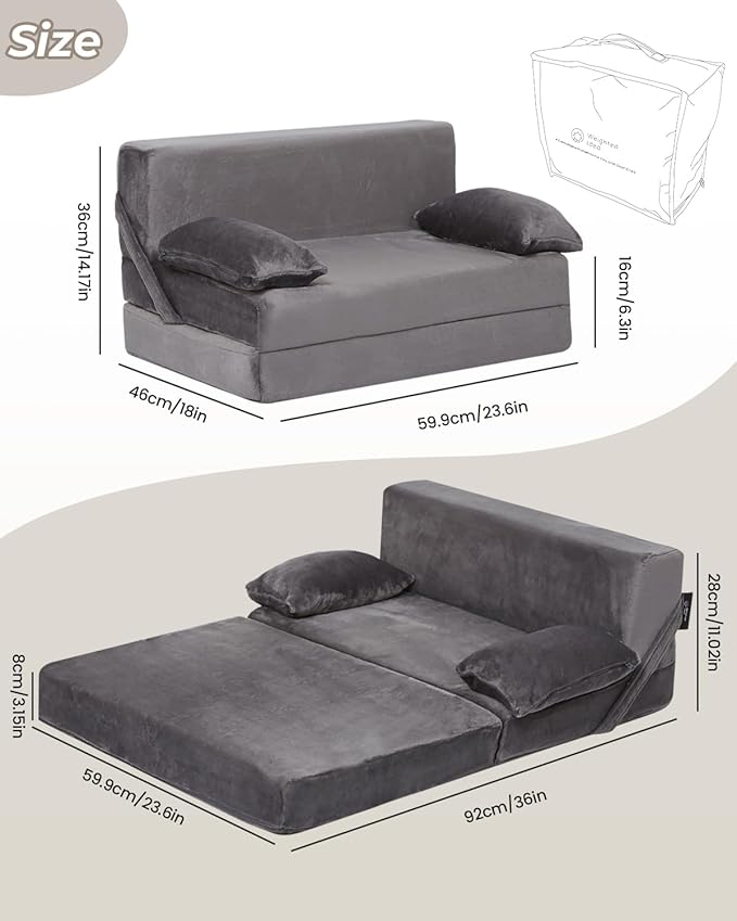 Weighted Idea 2-in-1 Kids Sofa Couch Fold Out for Girls and Boys, Folding Toddler Chairs Comfy Children Couch Baby Recliner, Convertible Sofa to Lounger for Reading Sleeping (Grey, 23.5x18x16 inches)