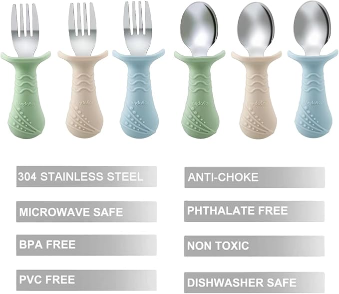 PandaEar Baby Toddler Fork and Spoon Utensil Set, 6 Pack Silicone Stainless Steel Silverware Spoon Fork for Babies Toddler, BPA Free with Silicone Holding Anti-Choke Design (Blue&Green&Light Tan)