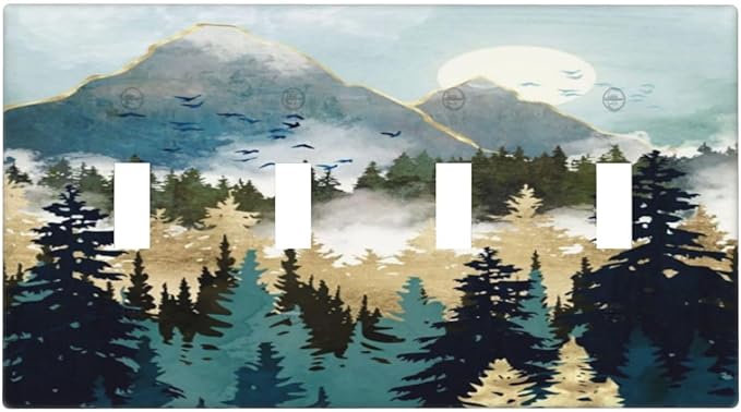Boho Mountain Forest Abstract Sunset Sunrise Sun Quad Toggle Light Switch Covers 4 Gang Wall Plate Decorative Switchplate Electrical Faceplate for Country Bathroom Bedroom Decor