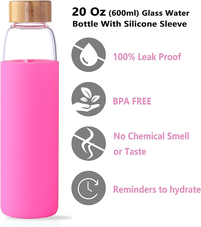 Laster Glass Water Bottle 20 Oz, 600 ml, made of Borosilicate Glass, 1 Bamboo & 1 Stainless Steel Lid, BPA Free, Non-Slip Silicone Sleeve (Barbie Pink)