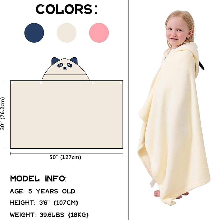 Hiturbo Kids Animal Hooded Towel: Soft Plush Fleece Blanket - 50"x30" Swim Cover Up - Pool Beach Bath Towel Wrap for 3-12 Yrs (Ivory Panda)