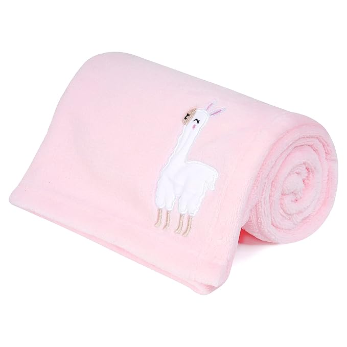 DaysU Plush Flannel Baby Blanket Super-soft Lightweight, Embroidered Fleece Baby Blanket for Girls, Portable Bed Throws for Baby Crib and Toddler Bed, Pink Alpaca, 30”x40”