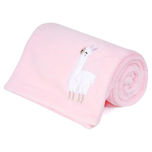DaysU Plush Flannel Baby Blanket Super-Soft Lightweight, Embroidered Fleece Baby Blanket for Girls, Oversized Bed Throws for Kids and Children, Pink Alpaca, 50”x60”