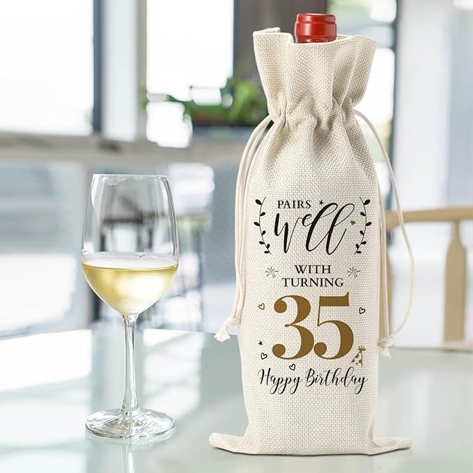 35th Birthday Gifts for Women Men Funny Wine Bag 35th Birthday Decorations Party Favors Happy Anniversary 35 Year Old Gifts Ideas for Mom Her Wife Woman Sister Coworker Wine Gift Bag