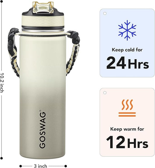 GOSWAG Insulated Sports Water Bottle, 24oz 2 Lids(with Straw/No Straw), Stainless Steel Water Bottles with Paracord Handle, Insulated Thermos with Double-Wall Vacuum Insulation