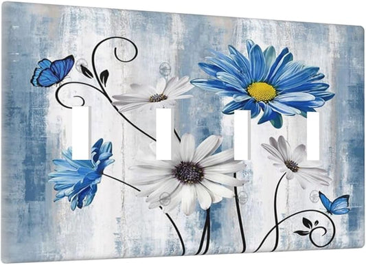 Rustic Teal Blue Daisy Floral Farmhouse Quad Toggle Light Switch Covers 4 Gang Wall Plate Decorative Switchplate Electrical Faceplate for Country Bathroom Bedroom Kitchen Decor