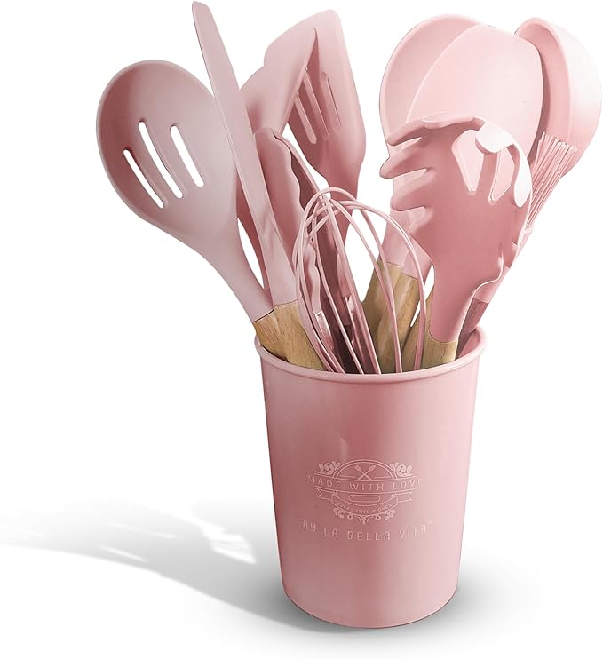 Silicone Utensil Set, 12 PCS Wooden Handle Nontoxic BPA Free 100% Food Grade Silicone Spoon Spatula Ladle Turner Tongs Kitchen Gadgets Utensil Set for Nonstick Cookware (Pink)