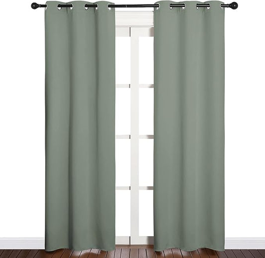 NICETOWN Window Curtain Panels, Thermal Insulated Solid Grommet Blackout Draperies/Drapes for Basement (Greyish Green, 1 Pair, 34 by 84-inch)