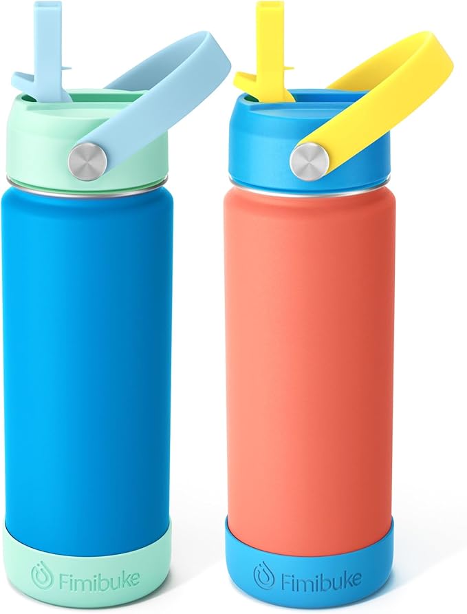 Fimibuke Kids Insulated Water Bottle - 18oz BPA-FREE Kids Cups with Straw Double Wall Vacuum Tumbler 18/8 Stainless Steel Leak Proof Toddler Water Bottle for School Boys Girls (2 Pack, Ocean Life)