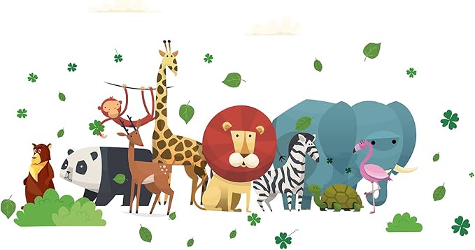 CREATCABIN 4pcs Cartoon Animal Vinyl Wall Decal Forest Wall Stickers Self-Adhesive Peel Stick Nature DIY Mural Decoration for Girl Boy Bedroom Living Room Kitchen Wardrobe Door Playroom Classroom