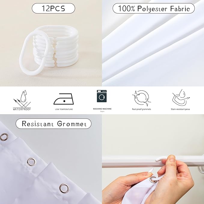 AILONEN Cute Rabbit Shower Curtain, Cartoon Kawaii Bunny Shower Curtain for Bathroom,Modern Minimalist White Waterproof Fabric Shower Curtain Set with Hooks 72" W*96" H
