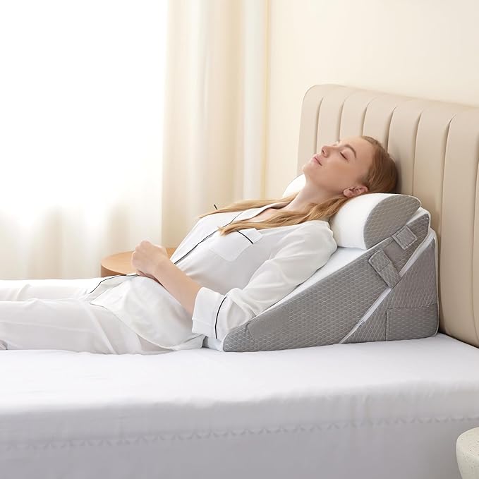 3Pcs Orthopedic Bed Wedge Pillow Set, Foam Wedge Pillow Post Surgery for Back, Leg and Knee Support, Adjustable 9&12 Inch Folding Triangle Pillow for Sleeping, Acid Reflux, Snoring, White/Grey