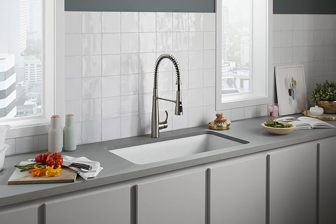 KOHLER 8206-CM6 Cairn 33-1/2" Undermount Single-Bowl Kitchen Sink, Neoroc Composite Kitchen Sink, Single-Bowl Sink with Bottom Sink Rack, Matte White