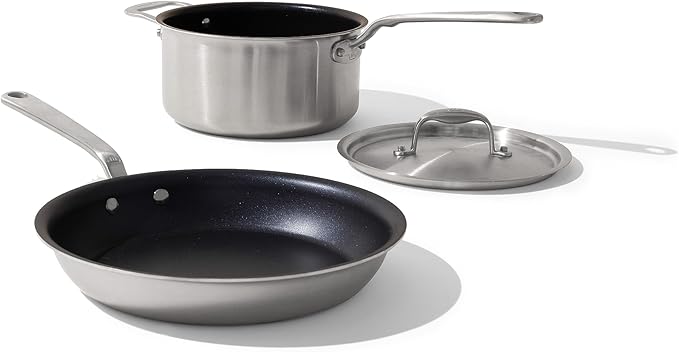 Made In Cookware - 3 Piece Non Stick Pan Set (Graphite) - 5 Ply Stainless Clad - Includes Frying Pan and Saucepan with Lid - Professional Cookware - Crafted in Italy