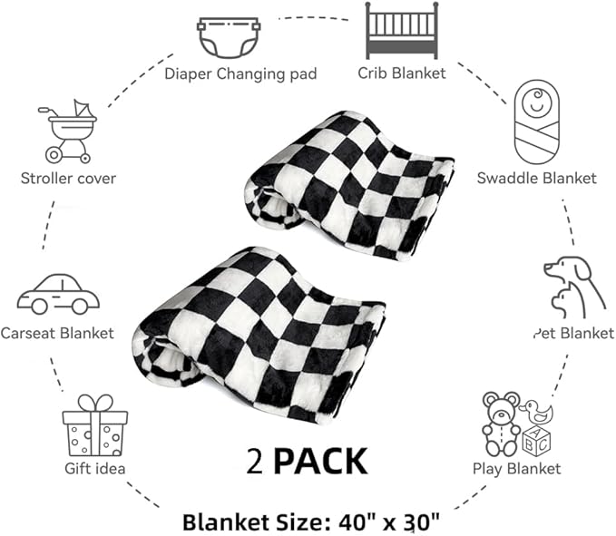 Soft Checkered Baby Blankets for Unisex Girls or Boys Breathable Gender Neutral Nursery Double Layer Blankets with Dotted Backing for Newborn Toddlers (30” X 40”)