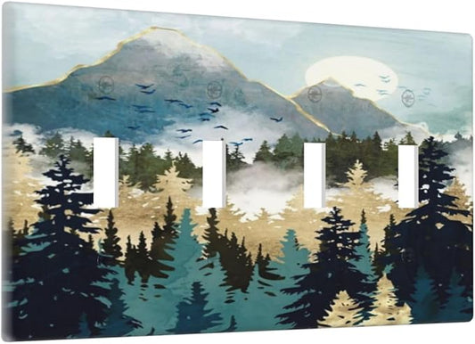 Boho Mountain Forest Abstract Sunset Sunrise Sun Quad Toggle Light Switch Covers 4 Gang Wall Plate Decorative Switchplate Electrical Faceplate for Country Bathroom Bedroom Decor