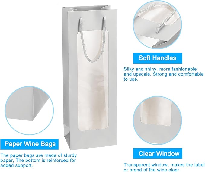 uxcell Wine Bags, 12pcs 4.92"x3.35"x14.2" Wine Gift Bags with Rope Handles, Paper Wine Tote Bag with Clear Window for Wedding Birthday Christmas Party Supplies, Silver