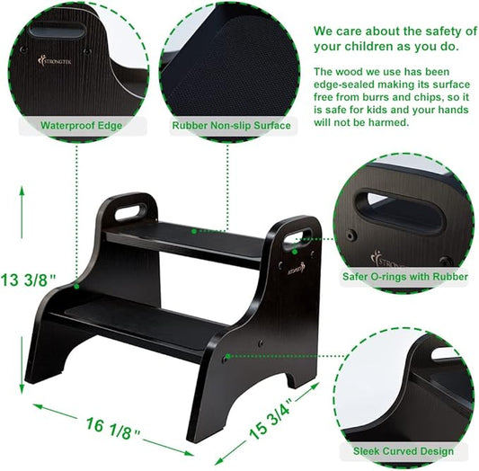 StrongTek Wood 2 Step Stool for Kids with Non-Slip Stepping Surface, Portable Handles, Skid Resistant Foot Pads, and 300 lbs. Capacity, Multipurpose Heavy-Duty Support (Espresso)