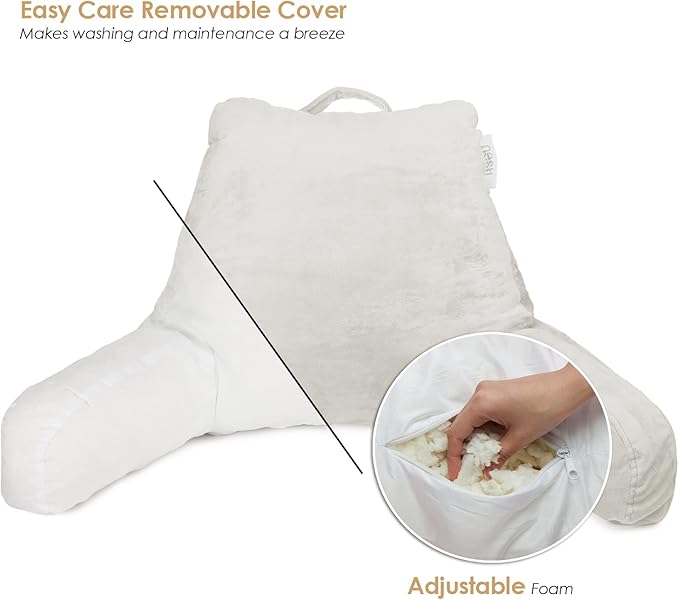 Nestl Reading Pillow Standard Bed Pillow, Back Pillow for Sitting in Bed Shredded Memory Foam Chair Pillow, Reading & Bed Rest Pillows White Back Pillow for Bed, Bed Chair Arm Pillow with Pockets