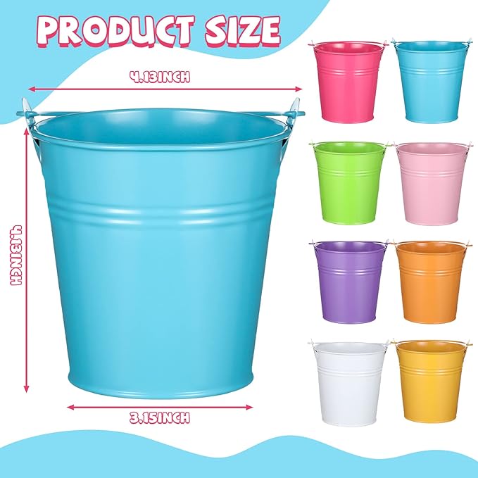 Therwen 24 Pieces Small Metal Buckets with Handle Colored Galvanized Bucket Round Metal Pail for Kids Classroom Candy Crafts,Utensils, Vase Party Favor(4.13 Inch,with Handle)