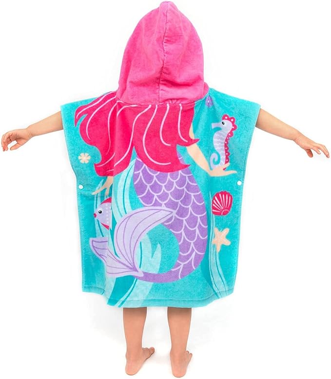 Toddler Hooded Beach Towel Coverup Cape Kids 100% Cotton Soft Quick Dry Absorbent Use for Swim Pool Bath Poncho Towels for 3 to 8 Years Old Children Size 24"x 55" in Full-Length (Mermai Pattern)