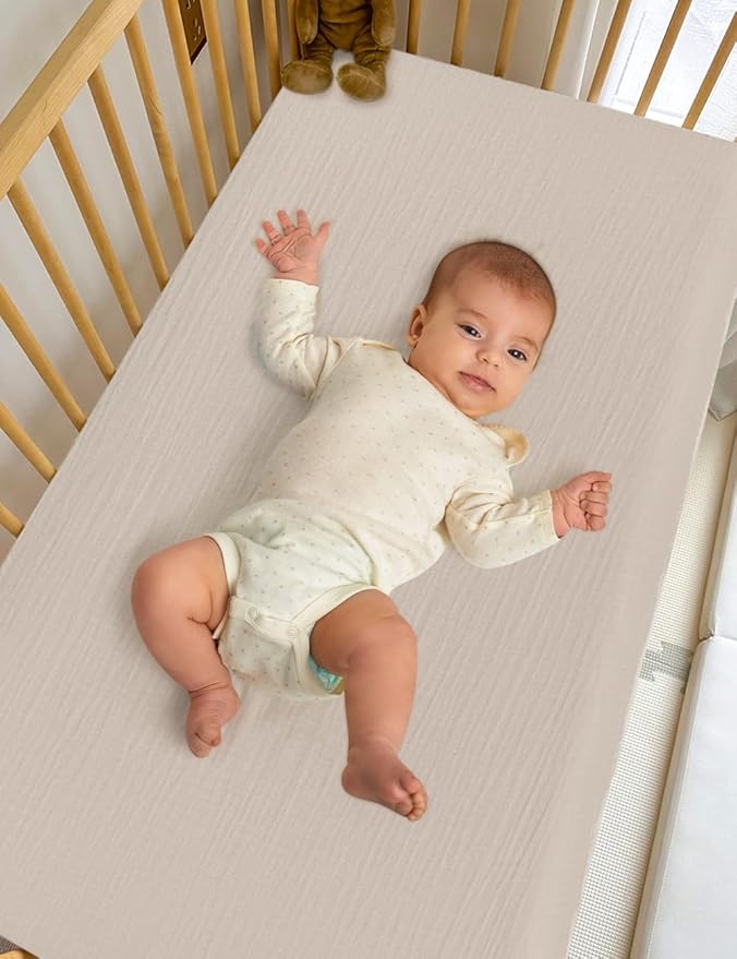 Khaki Neutral Crib Sheets for Baby Girl, Muslin Cotton Crib Sheets for Standard Crib Mattress, 28" x 52" Toddler Bed Sheet (46C-08)