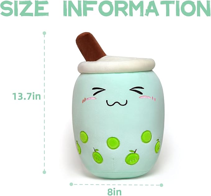 Niuniu Daddy 13in Green Boba Plushie - Cute Bubble Tea Stuffed Toy Pillow for Kids and Toddlers - Great Birthday/Christmas Gift