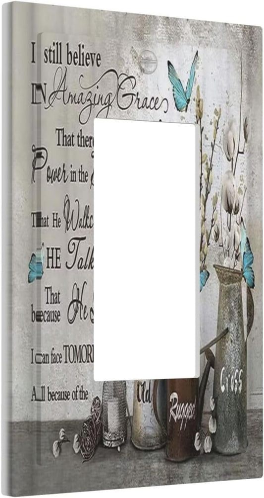 Blue Butterfly Rustic Flower Inspirational Quotes 1 Gang Rocker Light Switch Covers Single Decora Outlet Wall Plate Decorative Switchplate Faceplate GFCI for Farmhouse Country Bedroom Kitchen Decor