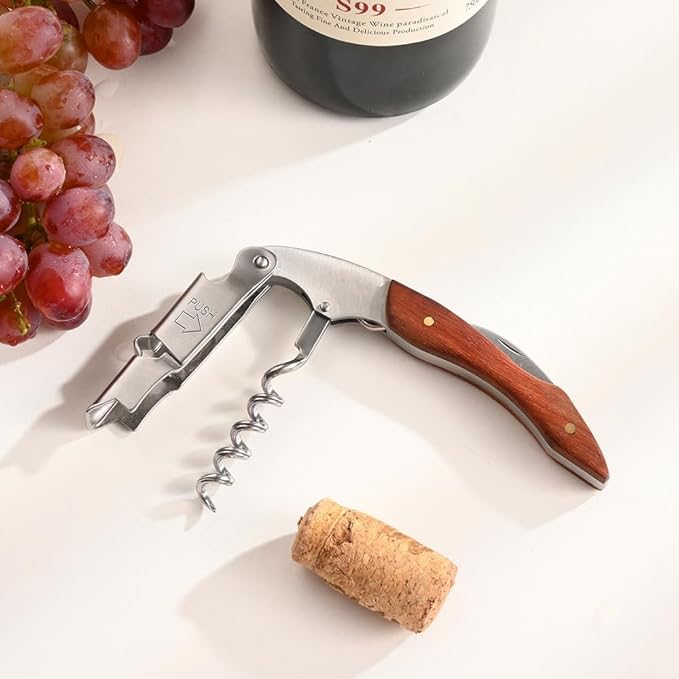 Bottle Opener, Professional Waiters Corkscrew With a Comfortable Rosewood Handle, Loaded Double Lever Cap Remover, Used By Sommeliers, Waiters, and Bartenders, 13, Silver, AG-001