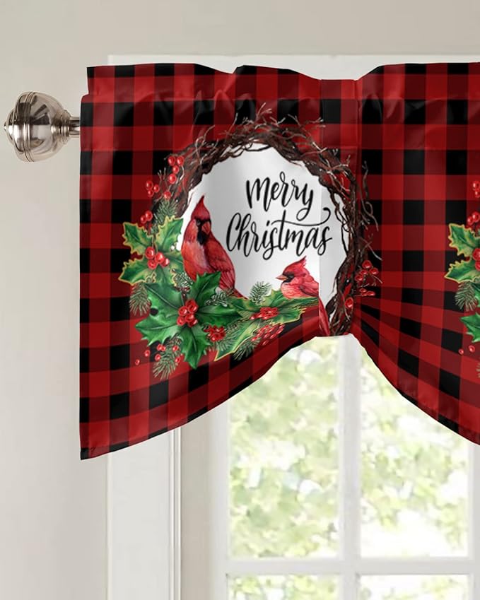 Merry Christmas Blackout Tie Up Valance Curtains for Kitchen Windows Winter Cardinal Holly Berries Window Toppers Balloon Shades for Living Room/Bathroom/Bedroom,1 Panel,60" X 18" Red Black Plaid