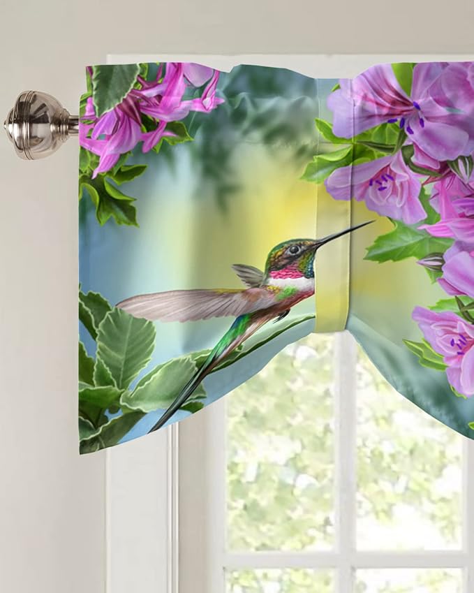 Pink Flowers Blackout Tie Up Valance Curtains for Kitchen Windows Hummingbird Window Toppers Balloon Shades for Living Room/Bathroom/Bedroom,1 Panel,54" X 18"