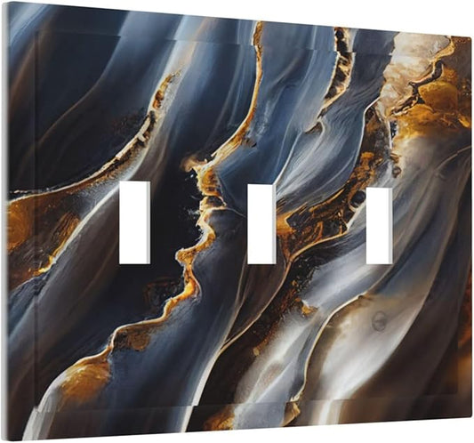 Gradient Abstract Ripple Blue Gold Marble Printed 3 Gang Light Switch Covers Triple Toggle Wall Plate Decorative Switchplate Electrical Faceplate for Kitchen Bathroom Bedroom Decor