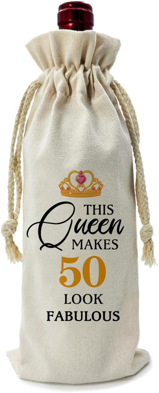 ZHANTUONE,50th Birthday Gift Funny Birthday Wine Bag,Drawstring Polyester Cotton Cloth Wine Bag,Gifts for 50th Women Birthday Wine Bag,Wine Bag Gifts for Mom Grandparents,13IN