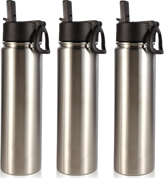 Volhoply 24oz Insulated Water Bottle With Straw Bulk 3 Pack,Metal Wide Mouth Water Bottles With Handle Lid Keep Cold,Reusable Double Wall Thermos,Powder Coated Sport Bottle For Holder(Silver,3 Count)