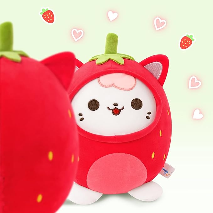 PEACH CAT Strawberry Cat Plush Pillow Cute Strawberry Kitten Stuffed Animal Cat plushie with Strawberry Outerwear for Kids Red 12"