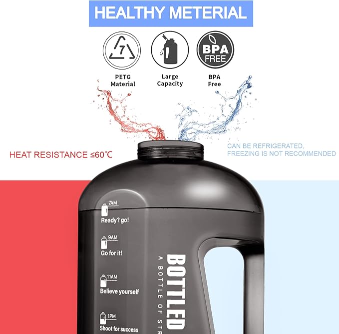 Water Bottle with Time Markings, 1 Gallon/ 3.5L Sports Water Bottle with Handle Leakproof Reusable & BPA Free, Flip Cap with Cleaning Brush Daily Water Intake Bottle Ideal for Gym Office