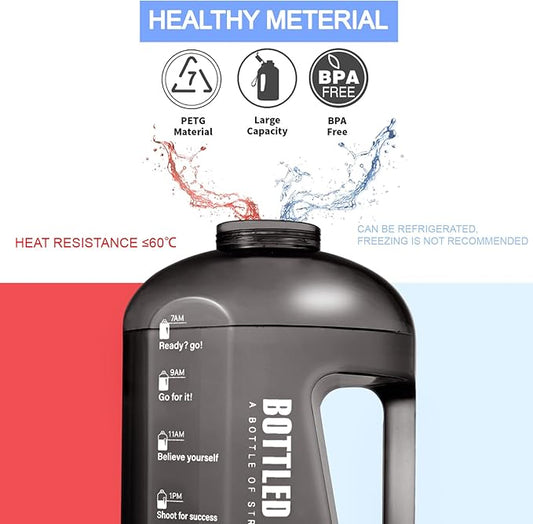 Water Bottle with Time Markings, 1 Gallon/ 3.5L Sports Water Bottle with Handle Leakproof Reusable & BPA Free, Flip Cap with Cleaning Brush Daily Water Intake Bottle Ideal for Gym Office