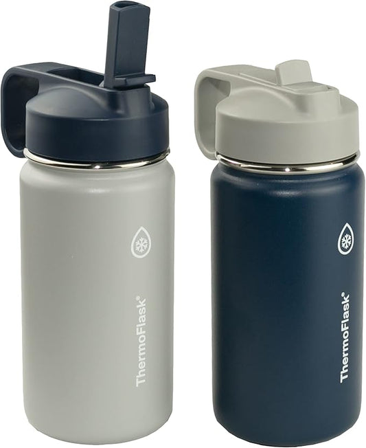 ThermoFlask 14 oz Double Wall Vacuum Insulated Stainless Steel 2-Pack of Water Bottles, Harbor Grey/Denim