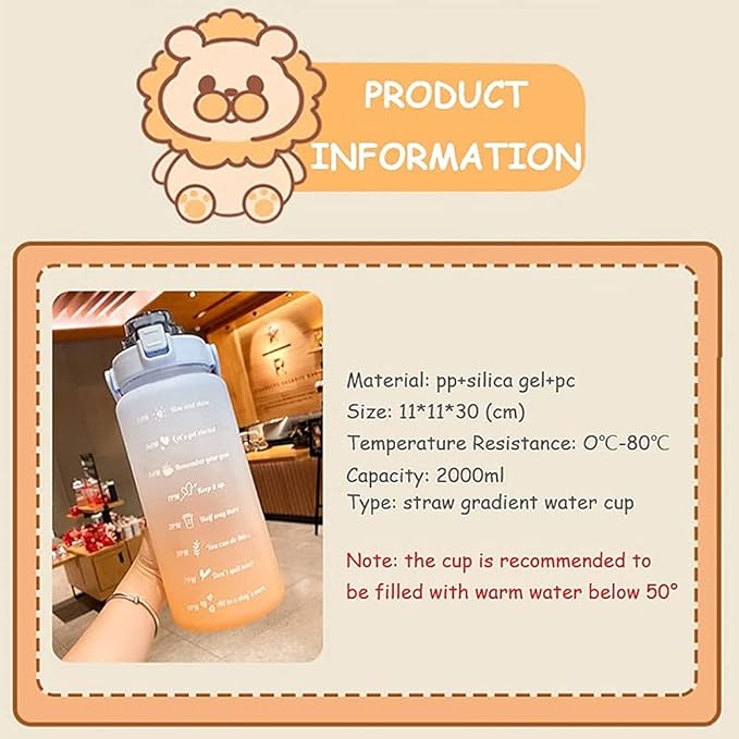 Sports Graduated Water Bottle 2000ml Simple Portable Thermo mug with Straw Lid, Perfect for Outdoor Travel or Gift for Your Family and Friends