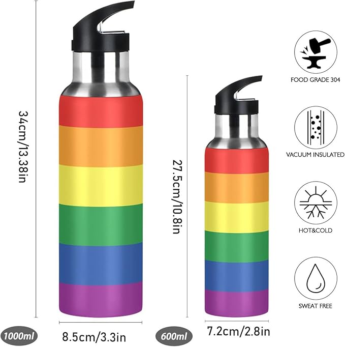 20oz Gay LGBT Rainbow Pride Flag Sports Water Bottle,Double Wall Vacuum Insulated Stainless Steel Lesbian Water Bottle with Straw Keeps Hot& Cold, Bike Running Travel Pride Day Month Gifts