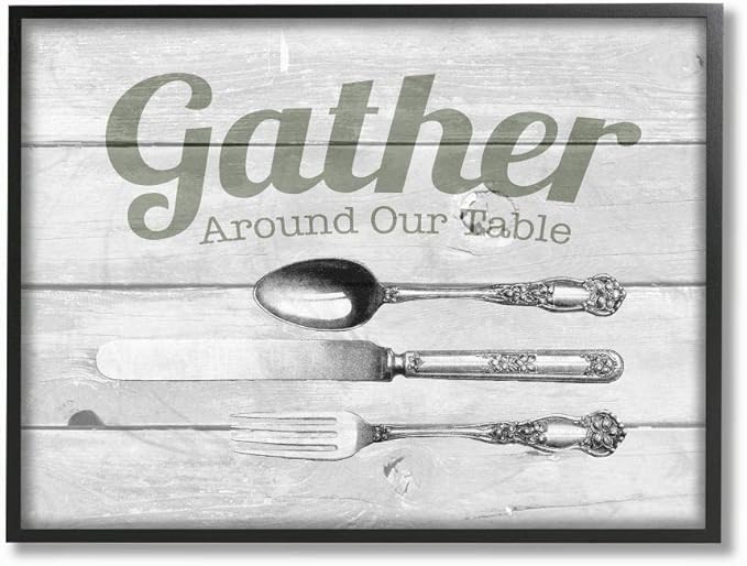Stupell Industries Gather Silverware Kitchen Wood Texture Word, Design by The Saturday Evening Post Wall Art, 24 x 30, Black Framed