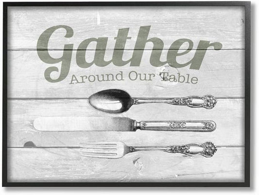 Stupell Industries Gather Silverware Kitchen Wood Texture Word, Design by The Saturday Evening Post Wall Art, 24 x 30, Black Framed